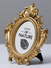 PICTURE FRAME- Gold Ornate Oval Tabletop Mini Picture Frame, Fits 3 x 2" Photo
