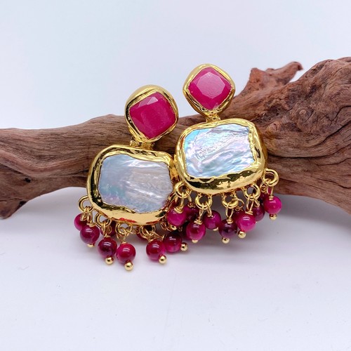 Cultured White Pearl Fuchsia Jade Tiger Eye Stud Earrings Dangle Fashion Earring - Picture 5 of 6