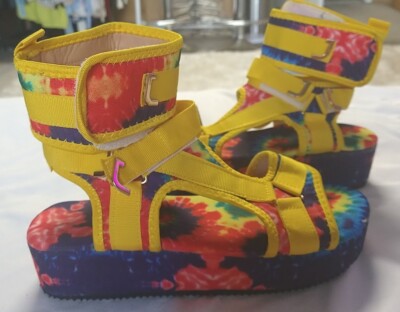 LISA FRANK Rainbow Brite Pazzle Tie-Dye Platform Sandals Women Sz 8.5 Y2K Shoes