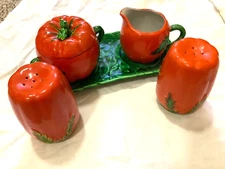 Occupied Japan Maruhon Ware Tomato Salt Pepper Shakers Creamer sugar tray