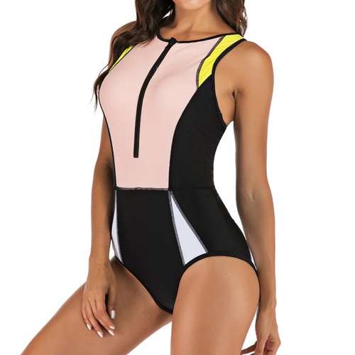 Women's Rash Guard Swimsuit Short Sleeve Zip Monokini Surfing One Piece Tankini - Picture 20 of 43