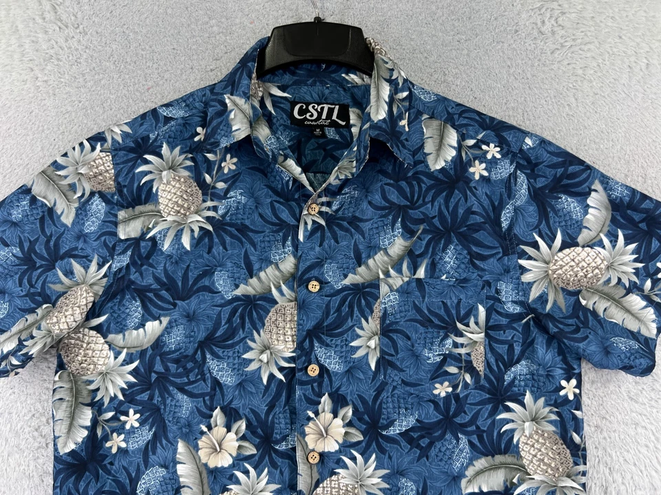 Coastal Shirt Men Medium Blue Floral Pineapple 100% Polyester Button Hawaiian - Image 4 of 4