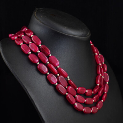 507 kt Erde abgebaut 3 Linien roter Rubin ovale Form Perlen Halskette Schmuck JK 37E387
