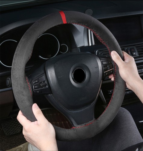Cubierta de volante de cuero de vaca de gamuza de 15 pulgadas y letrero de regresión puntada en envoltura - Imagen 4 de 20