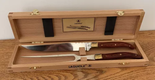 Laguiole L’Eclair 440 Carving Set Of 2 Brass Wood Detail Bee Fork Knife Boxed