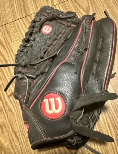 Wilson Leather A500 Baseball Right Hand Throw Glove Black Red Trim 12" - Afbeelding 1 van 6