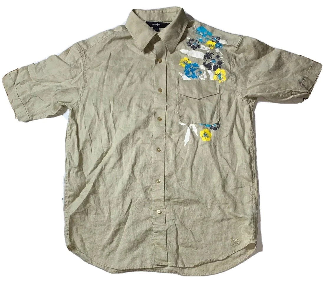 Preowned- Sean John Short Sleeve Button Front Floral Linen Shirt Mens (Size XL)