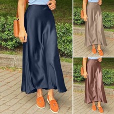 UK 8-24 Womens Ladies Satin Maxi Skirt High Waist A Line Swing Slip Long Dress