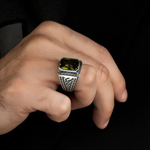 925 Sterling Silver Handmade Turkish jewelry Green Peridot Men's Ring Size 7-14 - Picture 3 of 5