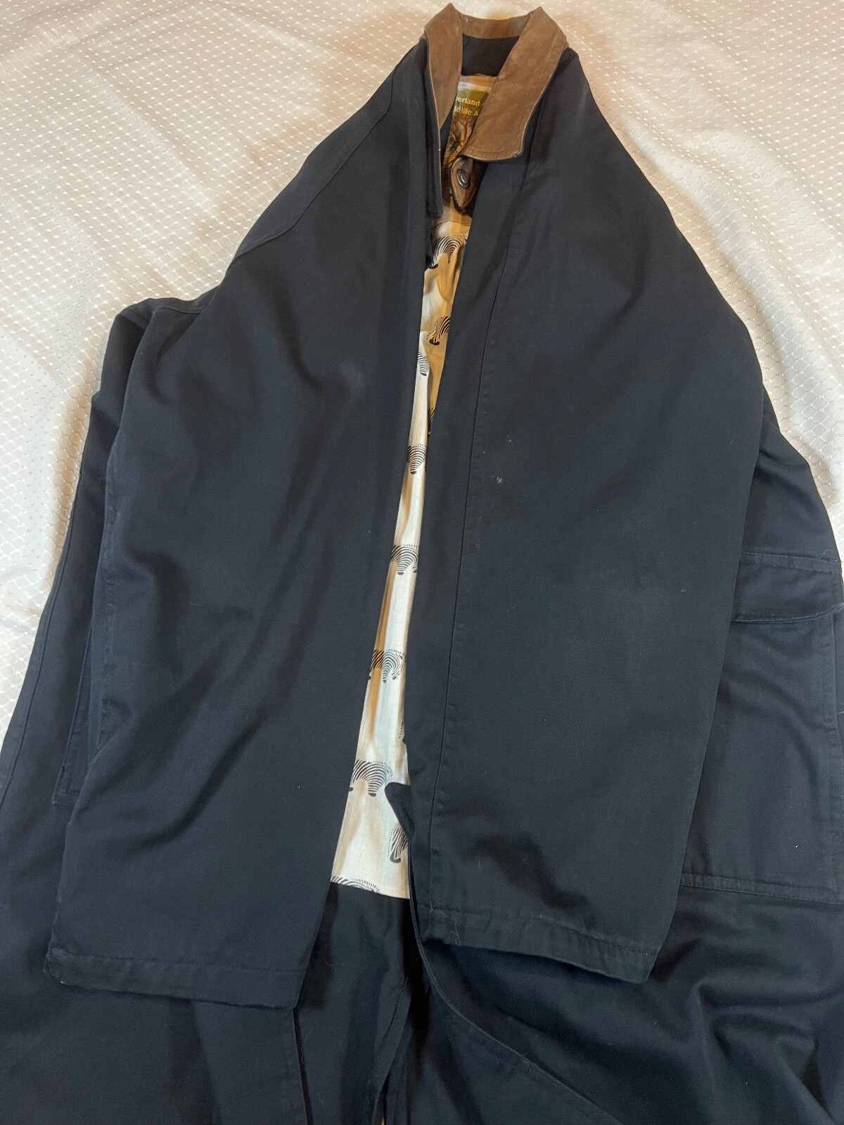 Mens S Vintage Overland Outfitters Long Trench Coat Black Leather Trims Button image 6