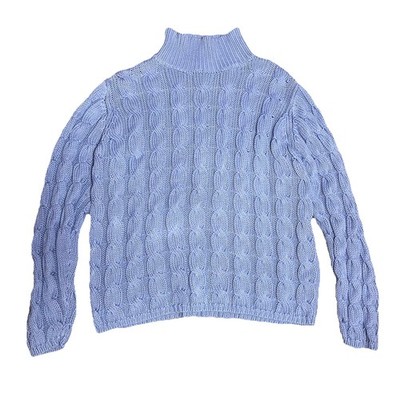 LL Bean Womens Sweater 100% Cotton Mock Neck Chunky Cable Knit Blue Medium