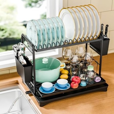 Simple Trending ST59016 2 Tier Black Dish Drying Rack Drainboard Utensil Holder