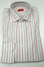 Isaia Cherry Gray White Striped Long Sleeve Cotton Dress Shirt 15.5/39 NEW