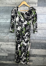 Wishbone Womens Midi Dress Size 8 Ivory Black Palm Leaf Print Stretch Jersey