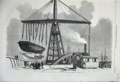 Alter antiker Druck 1859 Deck großer schwimmender Derrick Hebewracks Schiffe 19.