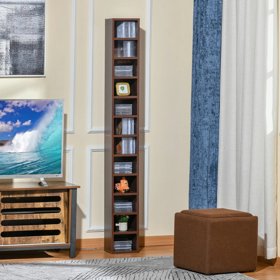 HOMCOM Mobile Porta CD da Parete con 12 Mensole in Legno 21x20x175cm Marrone - Immagine 3 di 4