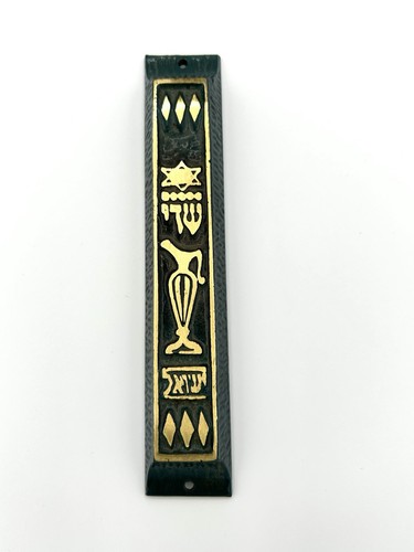 Vintage Brass Mezuzah Case Judaica Hebrew Scroll Holder Teal and Gold