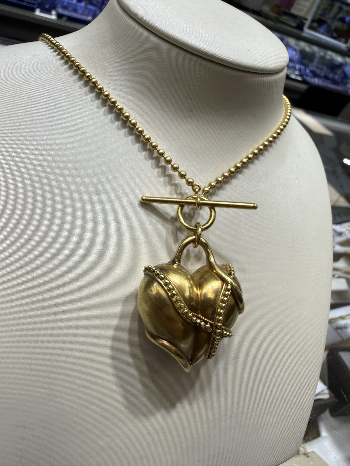 18K Yellow Gold Solid Heart Pendant Necklace Ball Chain 17”