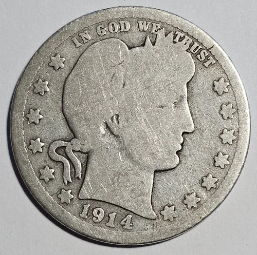 1914-D Barber Quarter 25c Silver Coin ~ 90% Silver (B127)