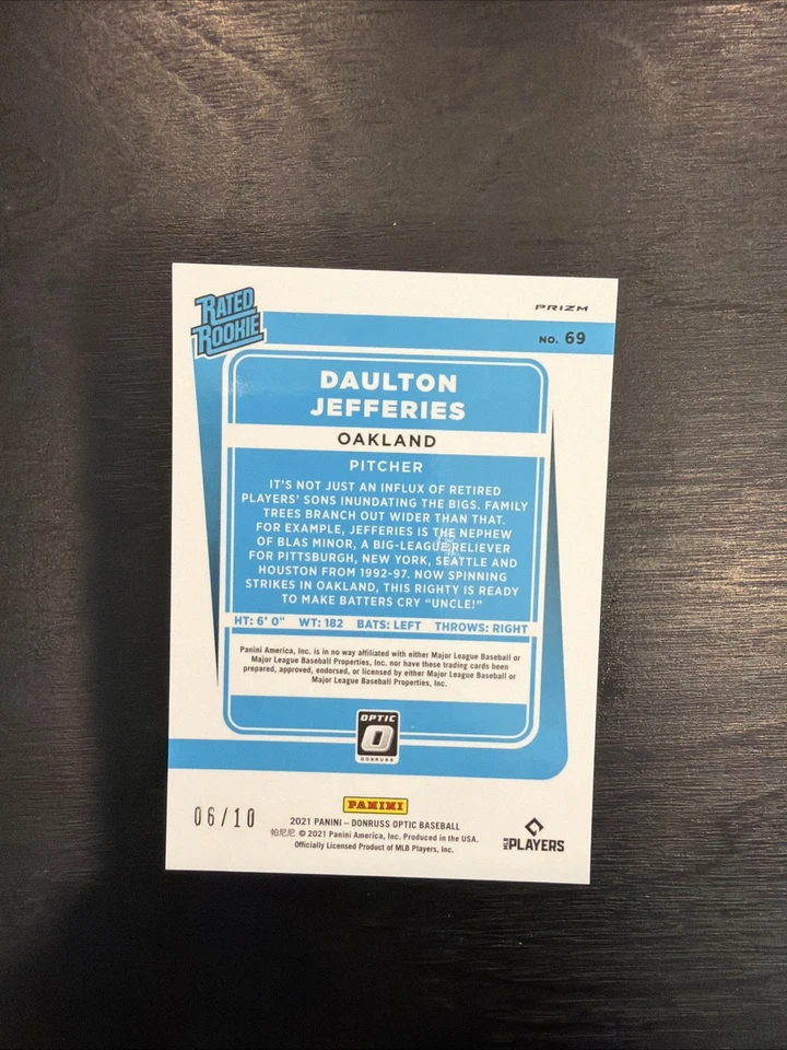 2021 Donruss Optic Daulton Jefferies Gold Prizm RC 06/10 A’s - Image 2 of 2