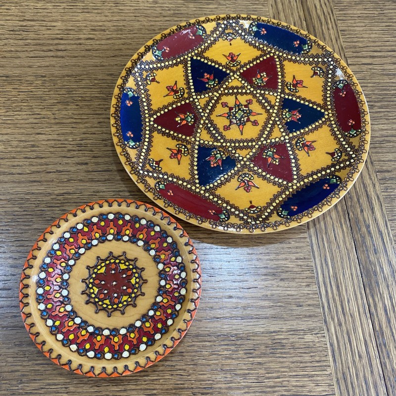 Vintage Wood Hand Painted Romanian Mandala Dot Plate Set Of 2 Bohemian Style