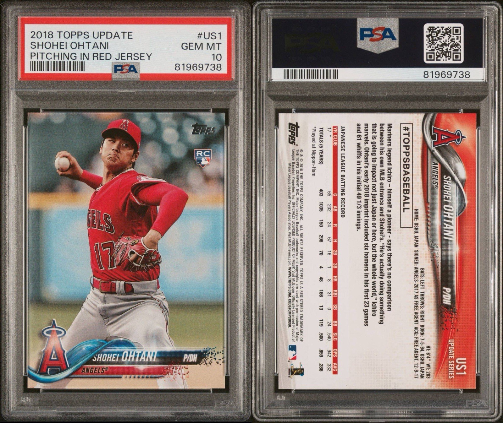 2018 Topps Update Series - Shohei Ohtani #US1 Pitching, Red Jersey (RC) PSA 10 view 3