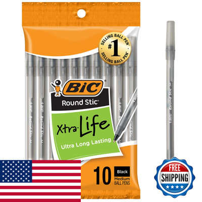 Bic Round Stic Xtra Life Black Ballpoint Pens Medium Point 1.0Mm 10-Count Pack