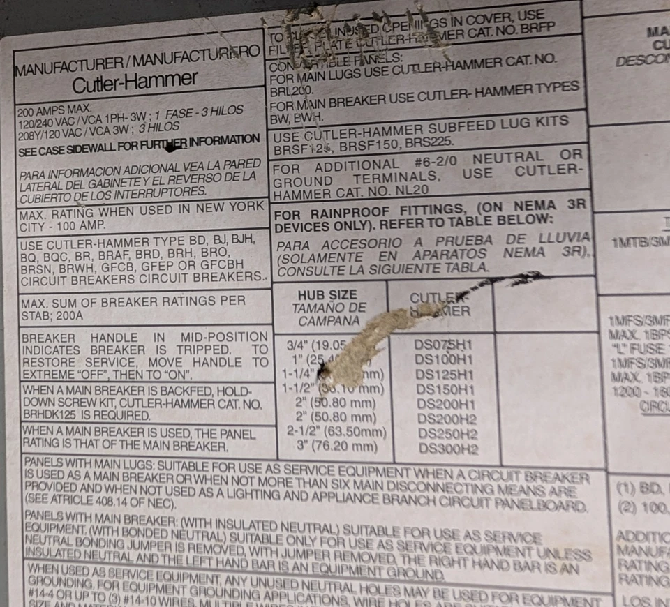 🤪 CUTLER HAMMER 200 AMP MAIN BREAKER PANELBOARD 120/240 VAC 1Ø 3W - Image 3 of 4