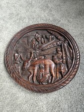 Hand Carved Wooden Wall Plaque African Folk Art Round Relief Village Scene
