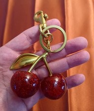 Cherry Bag Charm Keychain Glitter Resin Brass Metal Purse Clutch Accessory
