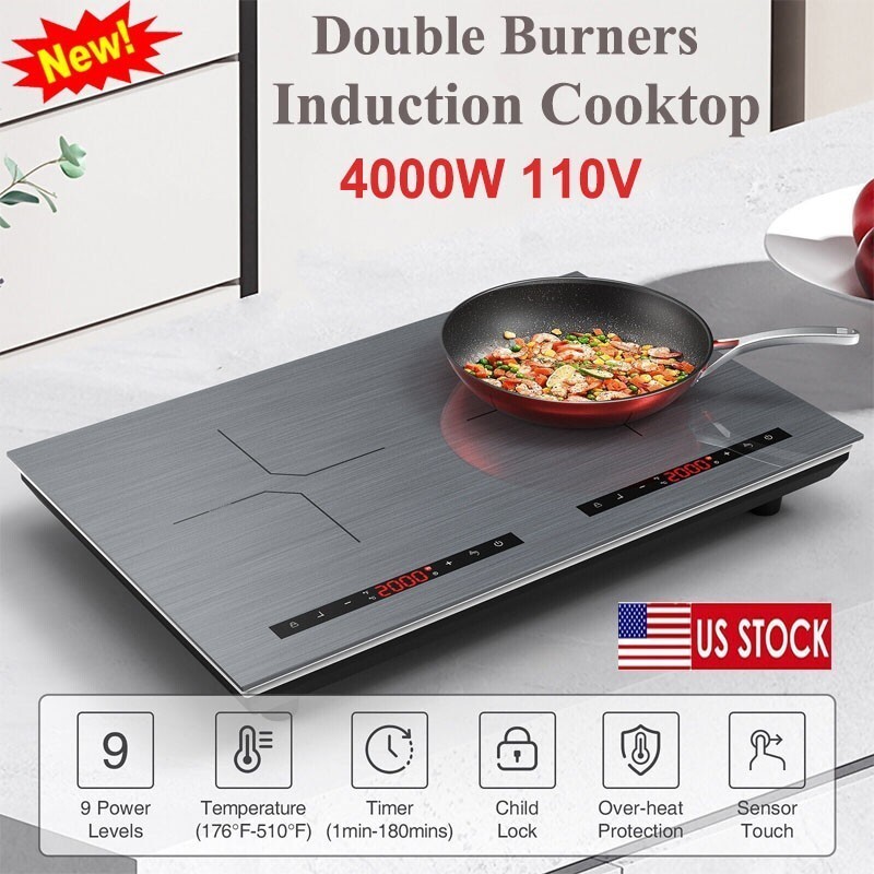 20" Induction Cooktop Electric Cooktop 2 Burner Cooktop Stove 110V 4000W Plug-in