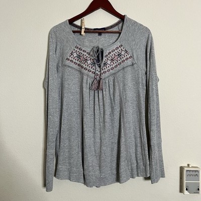 Artesia SZ L Tassle Split Tie N Neck Ribbed Knit Embroidered Boho Peasant Top