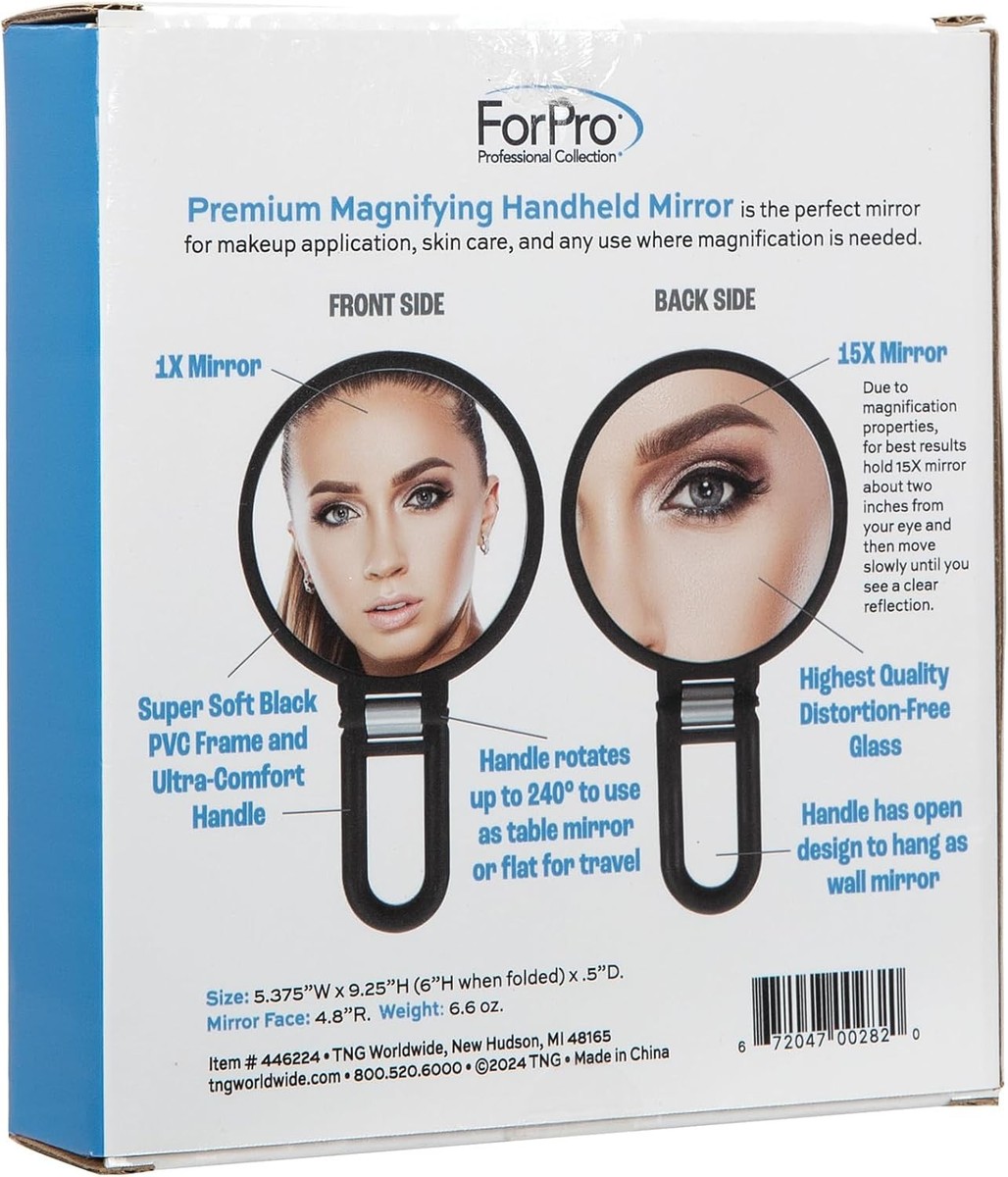ForPro Vergrößerungsspiegel 1x/15x – Klappbar, Mit Verstellbarem Griff, Für Make-up & Hautpflege