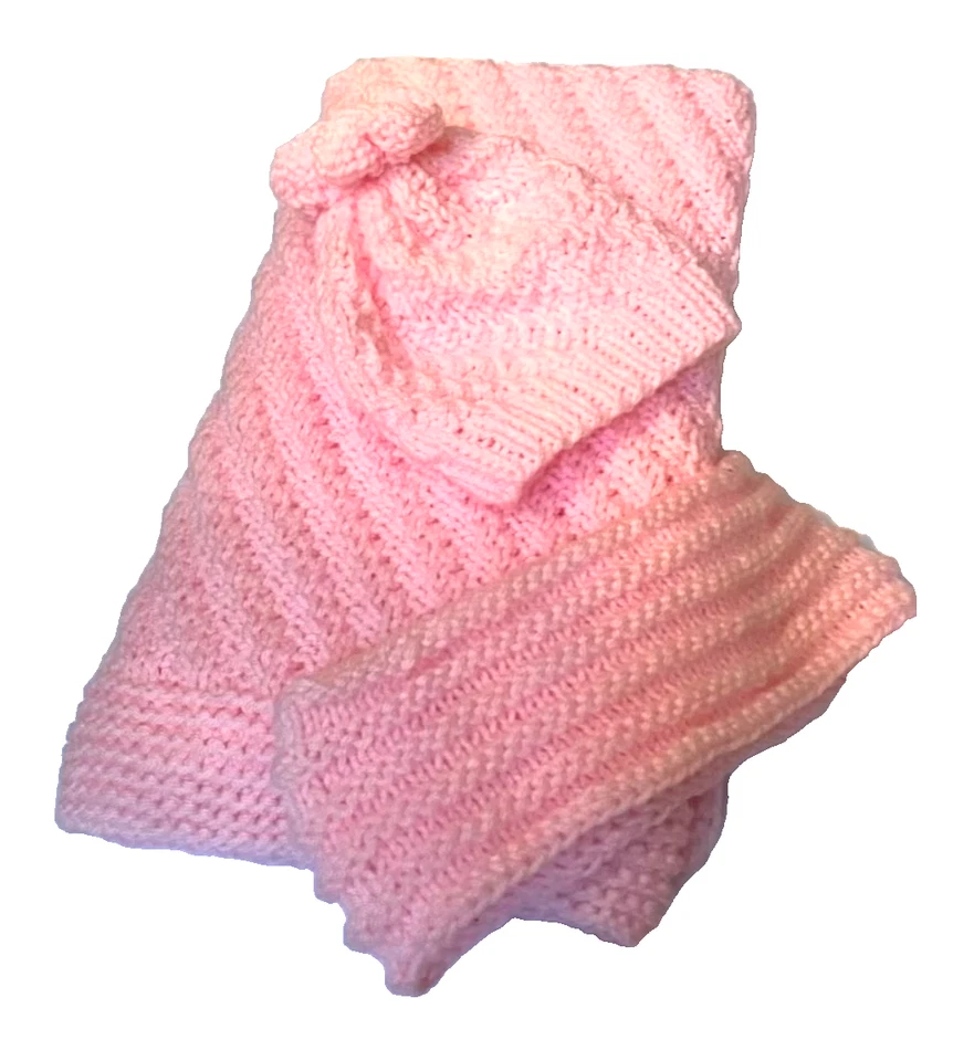 New Knitted Baby Girl Pink Afghan Blanket Hat & Headband for Mom! Handmade Set - Image 3 of 4