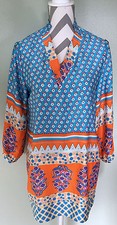 Vintage Womens Blue Orange White Polyester V-Neck Long Sleeve Floral Top Dress
