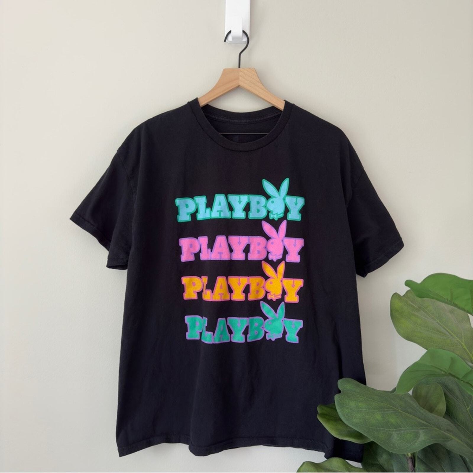 Playboy Black Short Sleeve Multicolor Logo T-Shirt Crew Neck Bunny Colorful EUC