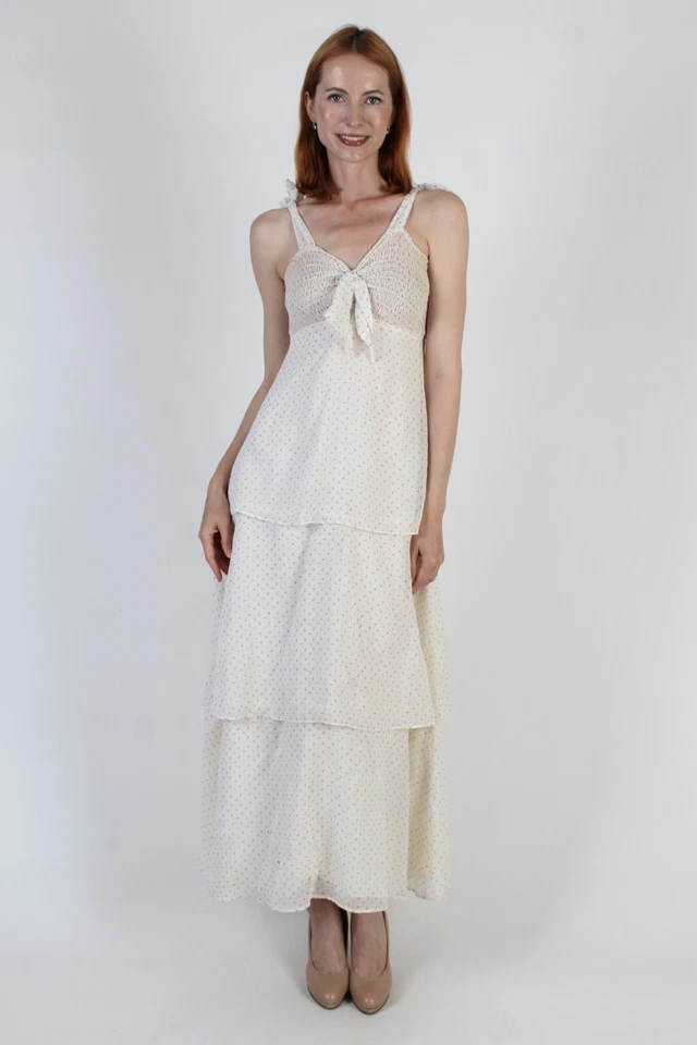 Vestido Solero De Colección Roberta Corbata Hombro Calado Años 70 Calico Hanky Vestido Pradera en Niveles Foto 2 de 4