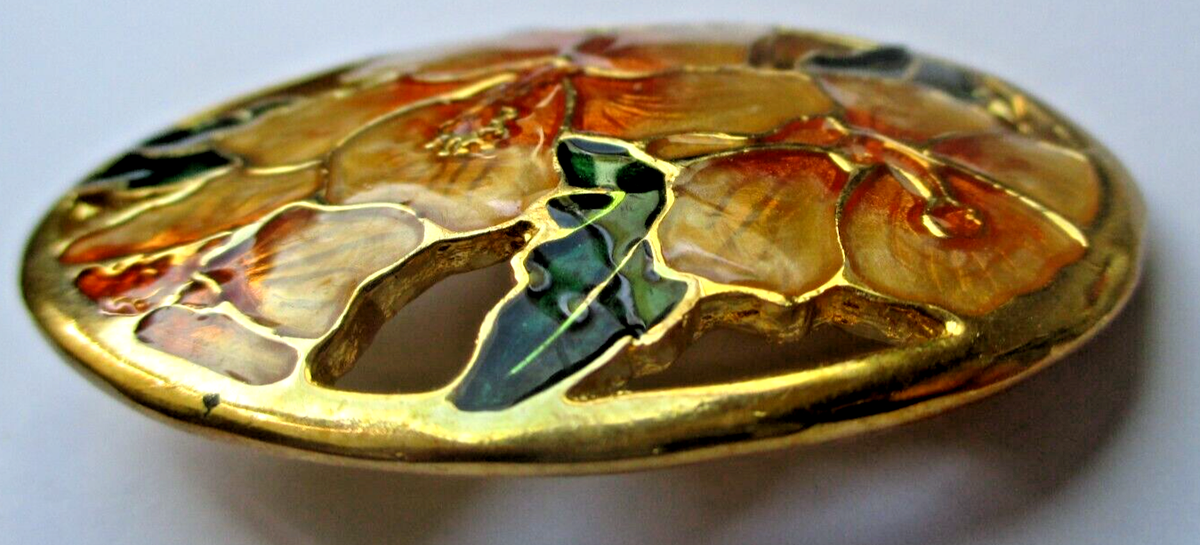 Belle Broche Vintage Art Déco Or Orchidée émail Vert Orange - Bijou Fantaisie Femme
