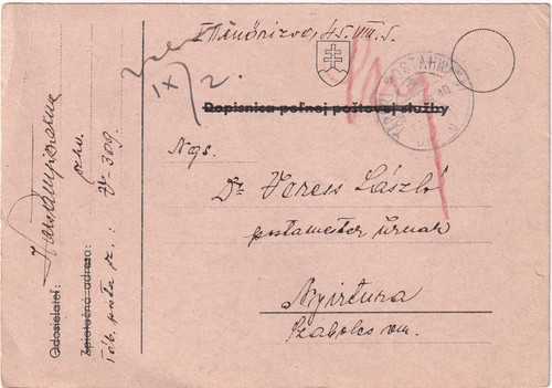 1945 SLOVAKIA FIELDPOST CARD EMERGENCY USAGE HUNGARY AFTER WW2 AUGUST 5th