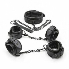 Black Real Leather Binding Neck Collar Ankle Wrist Cuffs Handcuffs Restraints