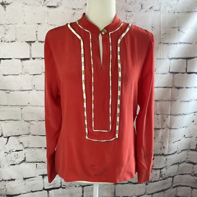 Veronica Beard Blouse Womens 6 Red Popover Embroidered Ann Top Silk Long Sleeve