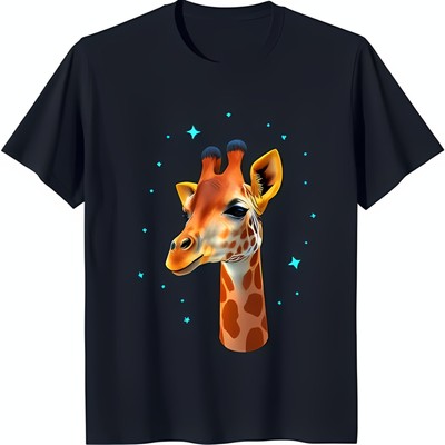 Stylish Black T-Shirt with Giraffe Graphic Unique Blue Design with Dots & Stars