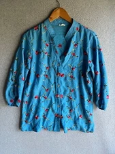 Kindred Blouse Womens Large Blue Floral Emrboidery Button Up Boho Festival