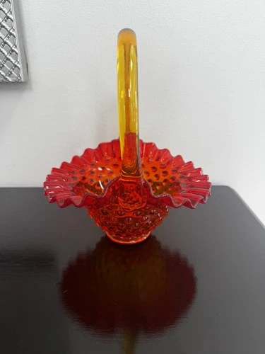 Vintage FENTON Art Glass Orange Yellow Amberina Hobnail Basket w/Ruffled Edge