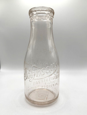 Vintage JOHNSON'S One Pint Embossed Glass Milk Bottle Clear Pink Tint c1930s