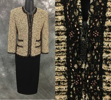 BEAUTIFUL st john couture knit Beige black multi embellised jacket skirt suit 6