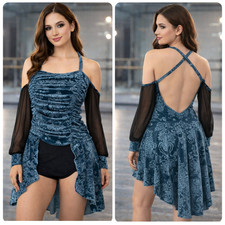 Pumpers Dance Dress Womens Large Blue Damask Lyrical Leotard Mesh Sleeve Costume