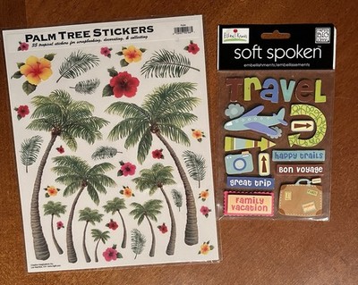 Soft Spoken Travel Plane Embellishments & Palm Tree Tropical stickers 2pc Lot