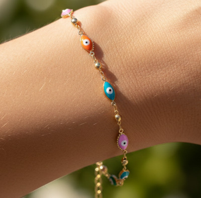 Dainty Evil Eye Station Bracelet | 18K Gold Plated Brass with Colorful Enamel