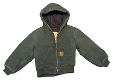 Carhartt Jacket Youth XS Moss Green Hooded Y2K Faded Workwear Canvas YYJ130 MOS